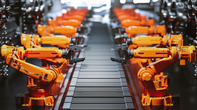 Row of orange industrial robotic arms working along a factory assembly line.