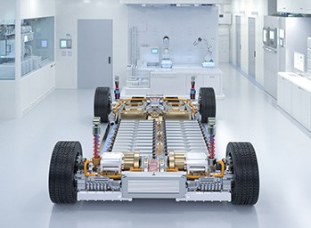 EV car frame inside battery validation lab