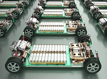 Group of electric cars with pack of battery cells module on platform