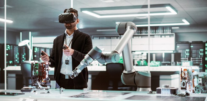 Engineer wearing virtual reality headset