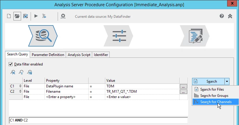 Configuring the query for an analysis script. 