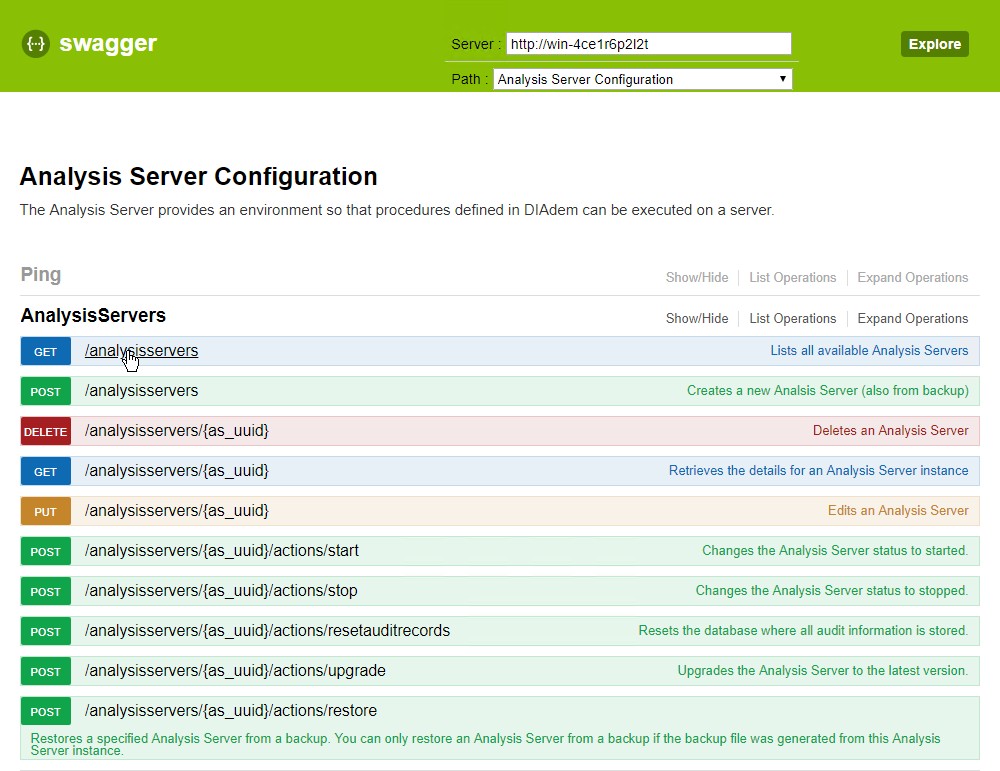  Analysis Server Web API documented using Swagger