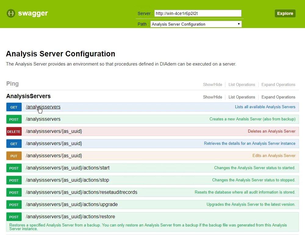  Analysis Server Web API documented using Swagger