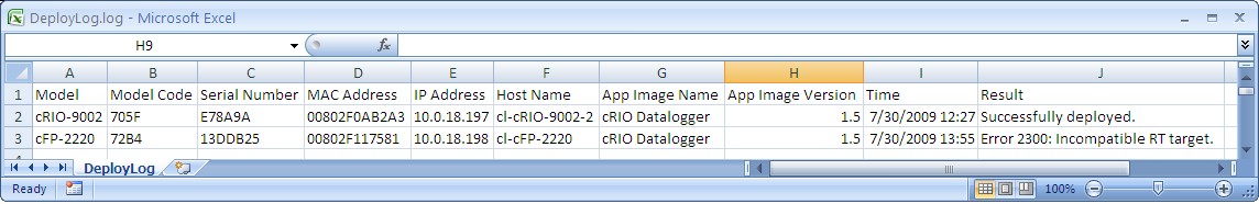 Deployment log file loaded in Excel