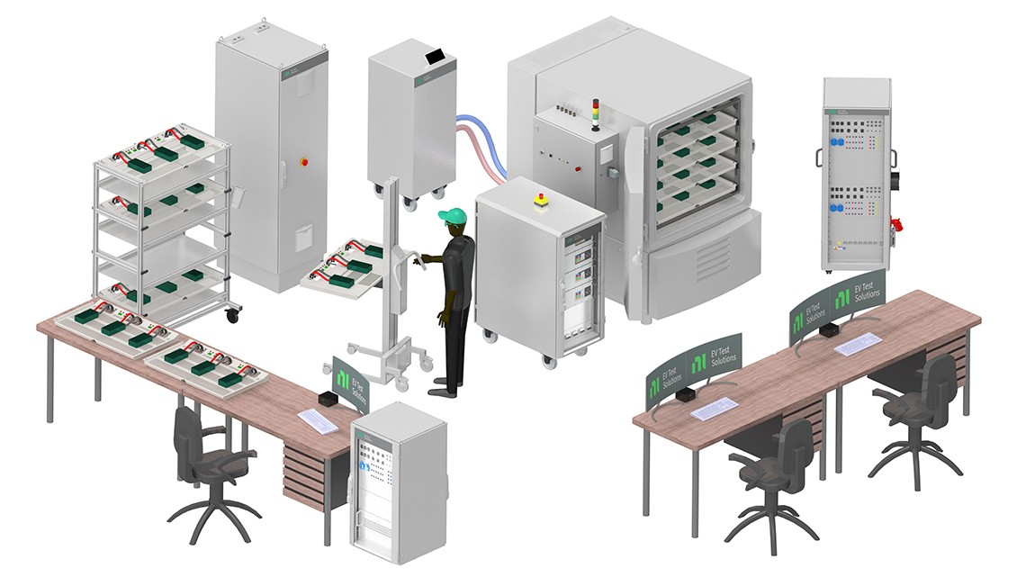 Ilustración del ingeniero y el laboratorio de EV Test Solutions
