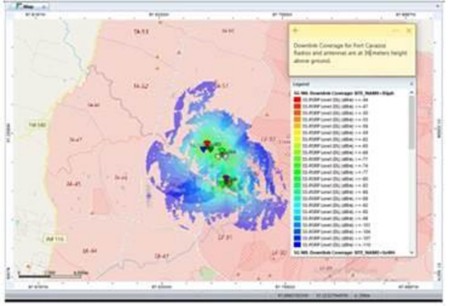 Coverage map of downtilt antennas at 20m height with color-coded signal strength levels and legend for dBm values.