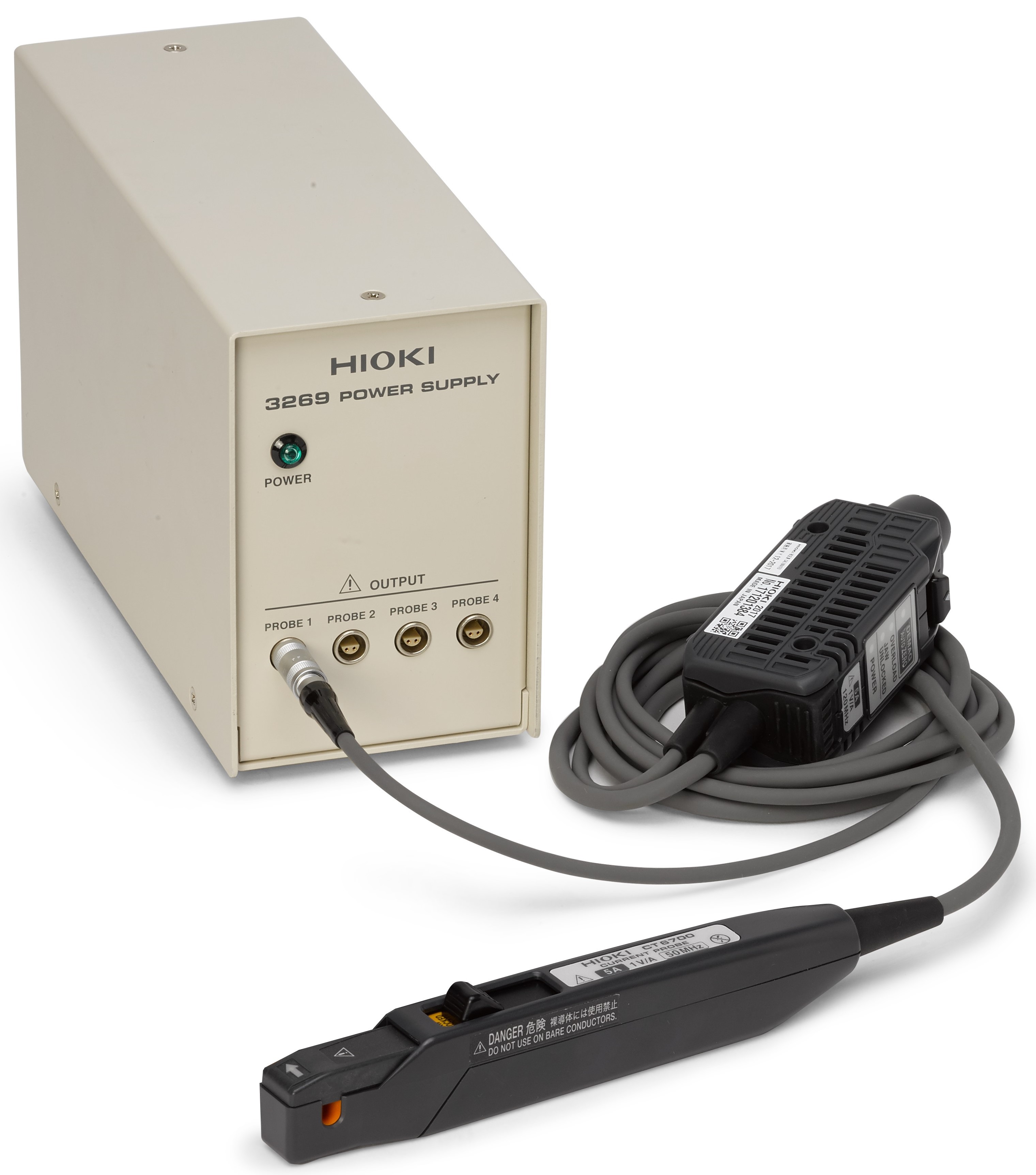  Hioki current probe connected to a four-channel power supply