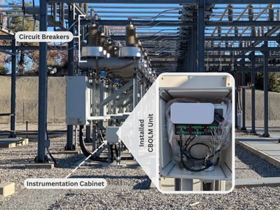 Substation cabinet containing an installed CBOLM unit with connected cables and labeled indicators.