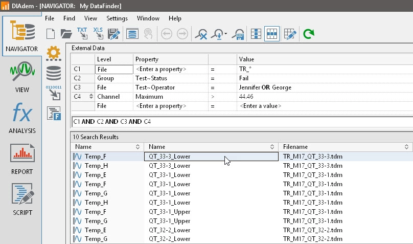 Use simple or advanced search queries to find data points across multiple files using DIAdem