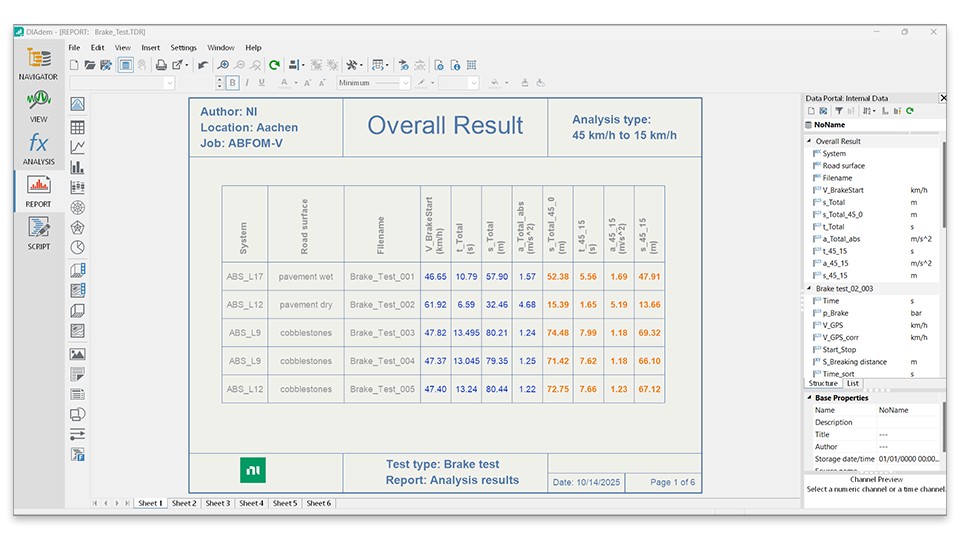 Ejemplo de informe NI DIAdem utilizando una pestaña dedicada a la trazabilidad para registrar automáticamente metadatos, versiones de scripts e información de plantillas para estar listo para auditoría.