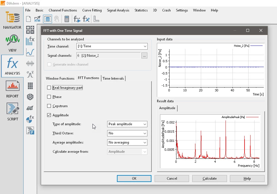 Utilice funciones de análisis basadas en configuración como una FFT en DIAdem