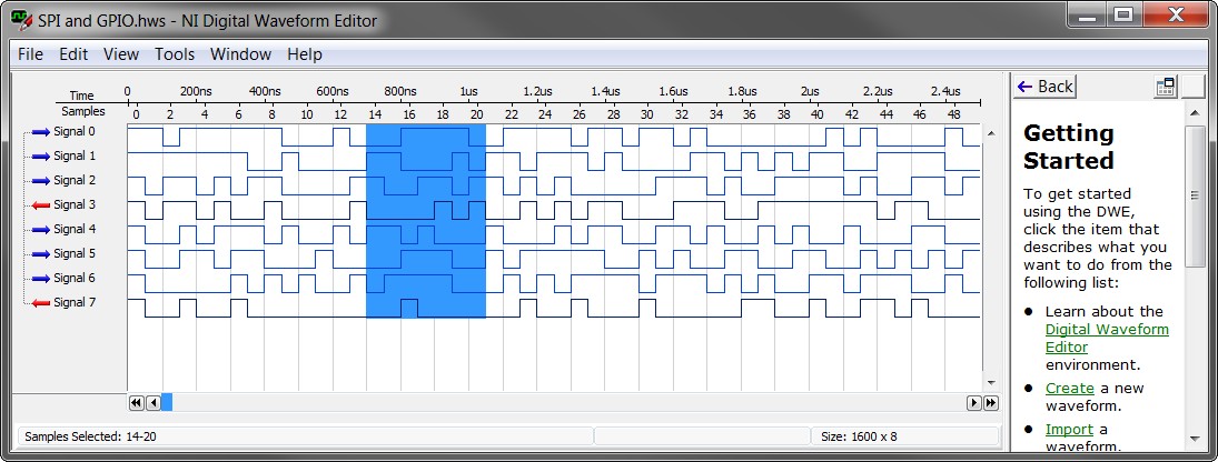 The Digital Waveform Editor allows a user to build the digital data of a waveform in a graphical environment and export that data to a file format that can be used by the NI-HSDIO driver
