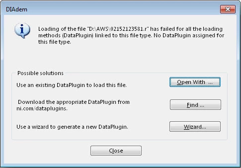 If a file is dragged into the Data Portal without an associated DataPlugin, this dialog box will appear and offer suggestions for assigning, finding and creating a DataPlugin