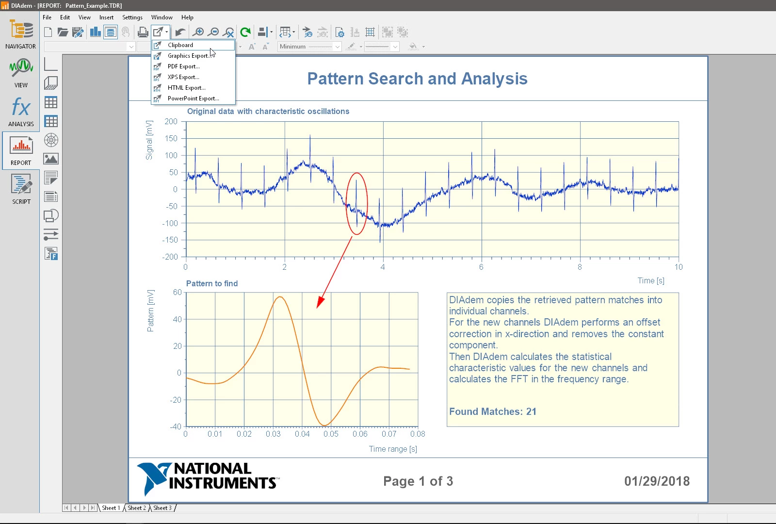 Export reports created in DIAdem to popular file formats like PDF and PowerPoint