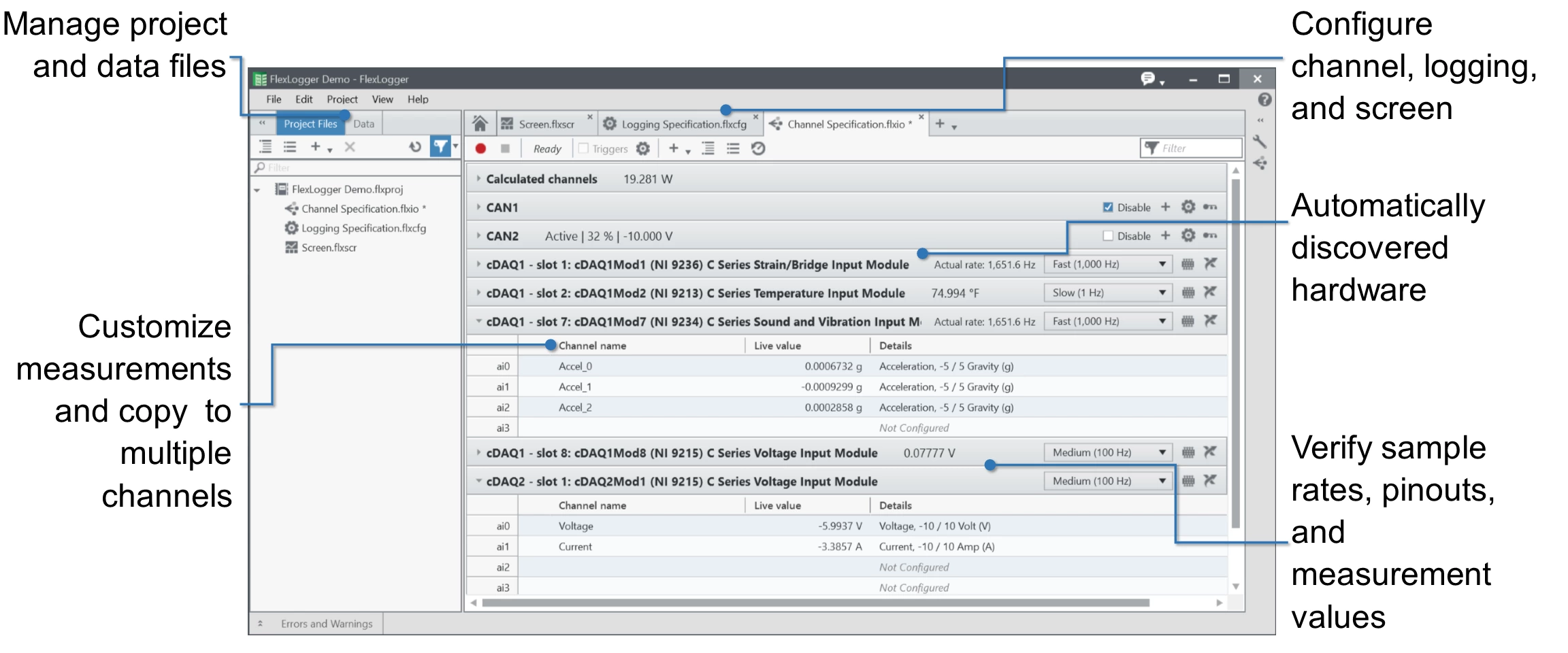 The FlexLogger user interface gives you ways to manage project and data files, configure and customize measurements, view hardware information, and verify your data.