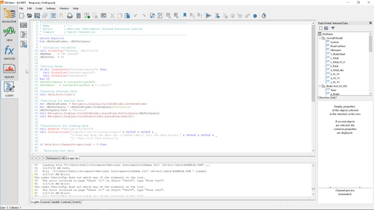 DIAdem SCRIPT 面板讓您能使用 VBScript 建立自動化的資料管理工作流程