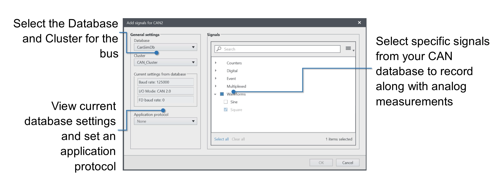 FlexLogger includes dialog boxes that help you import CAN databases.