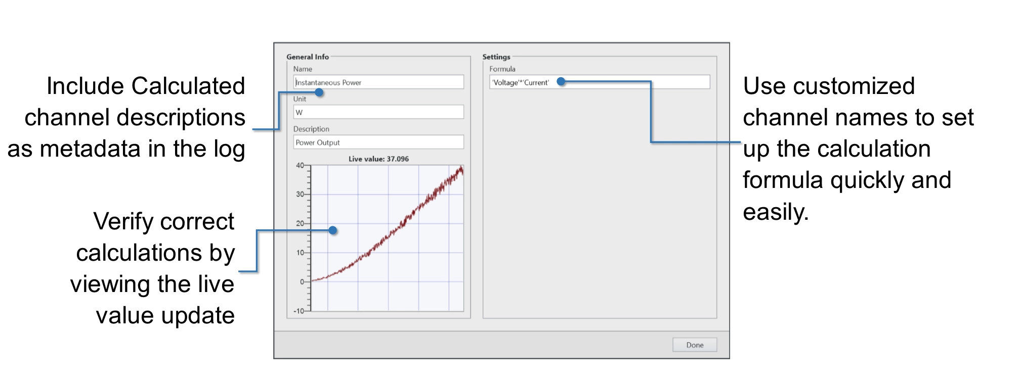 FlexLogger includes dialog boxes that help you create calculated channels.