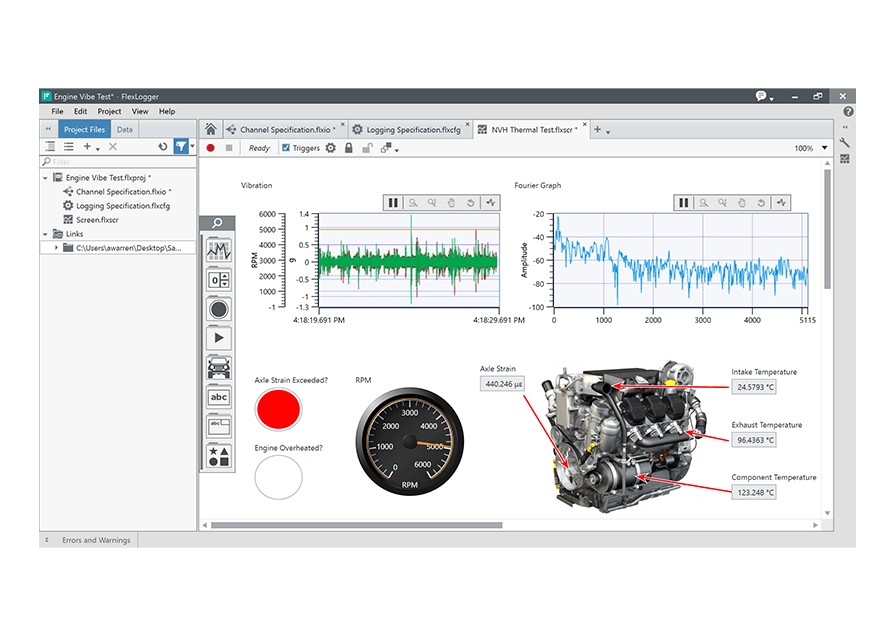 Monitor displaying data acquisition using FlexLogger software.