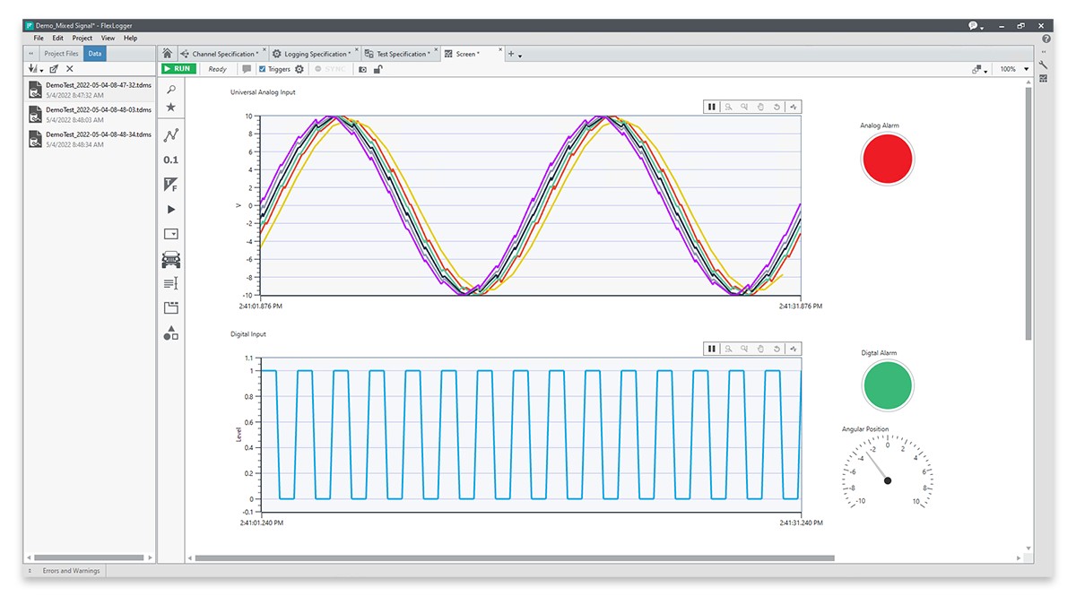 Interfaz FlexLogger mostrando un panel generado dinámicamente con configuración interactiva de DAQ y registro de datos.