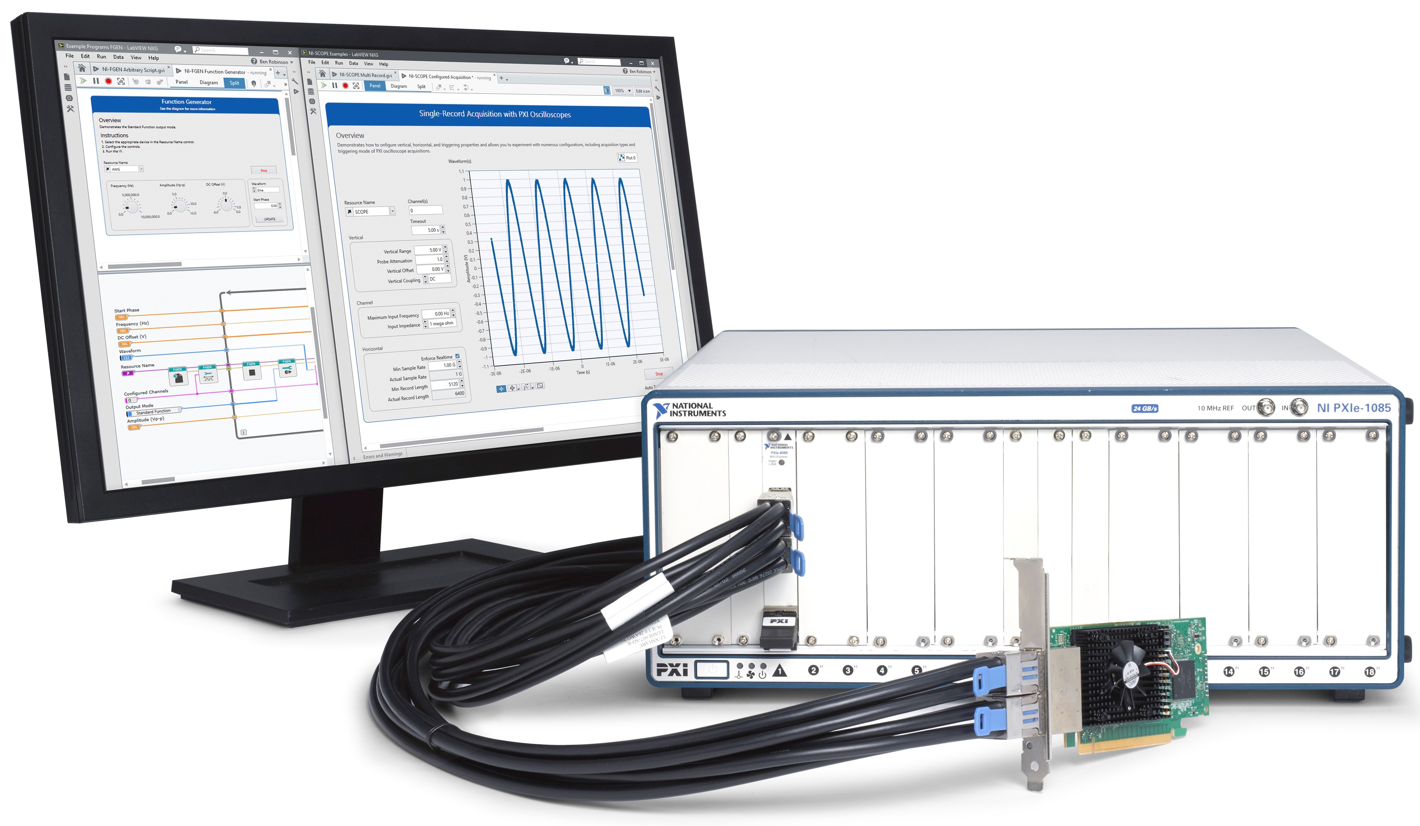 The PXIe-8398 remote control module and PCIe-8398 host interface card together connect a PXI Express chassis to a host PC