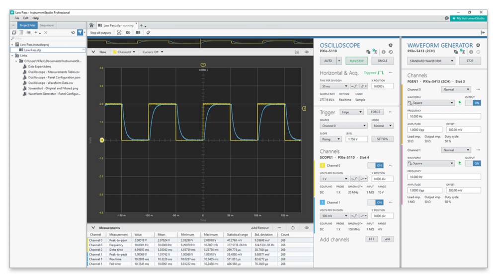 対話式計測器構成とリアルタイム解析を表示するInstrumentStudioインタフェース
