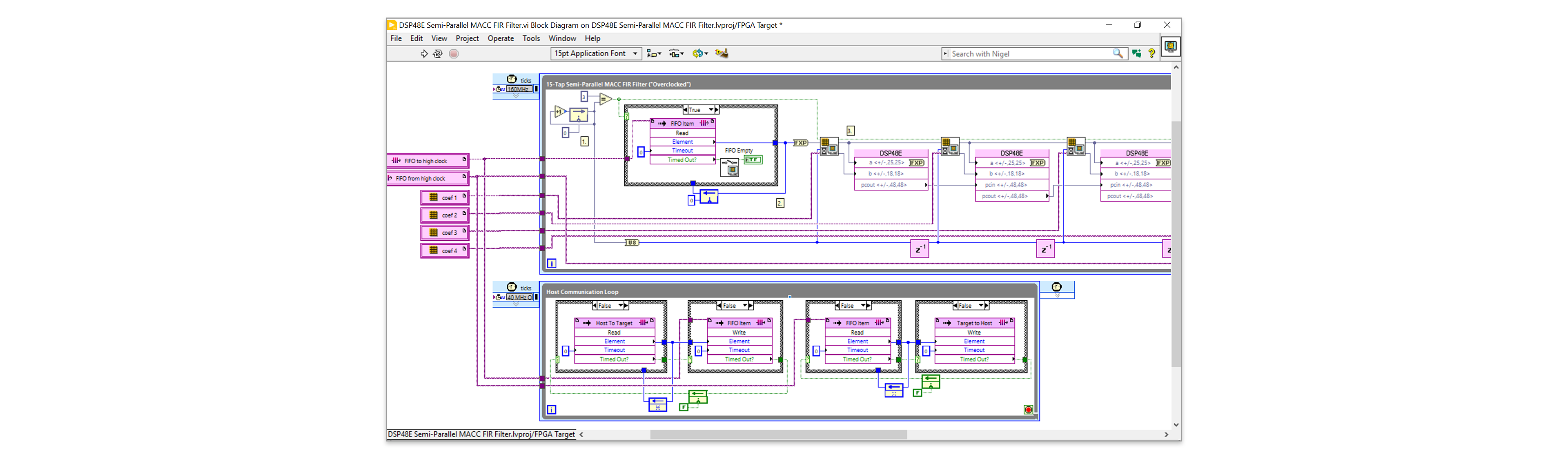 15-tap FIR filter with DSP48E nodes