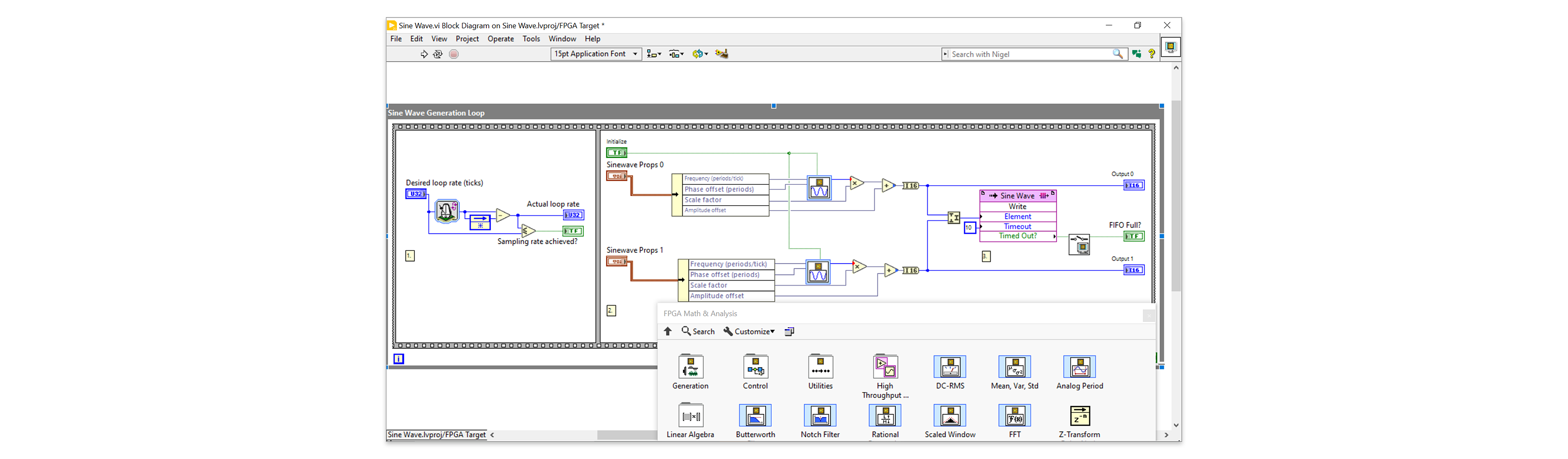FPGA Math & Analysis palette alongside signal generation VI