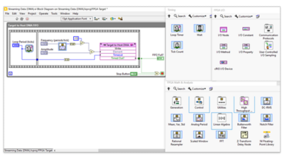 The image displays a few of the available palettes that enable LabVIEW FPGA users to graphically program FPGAs for various applications.