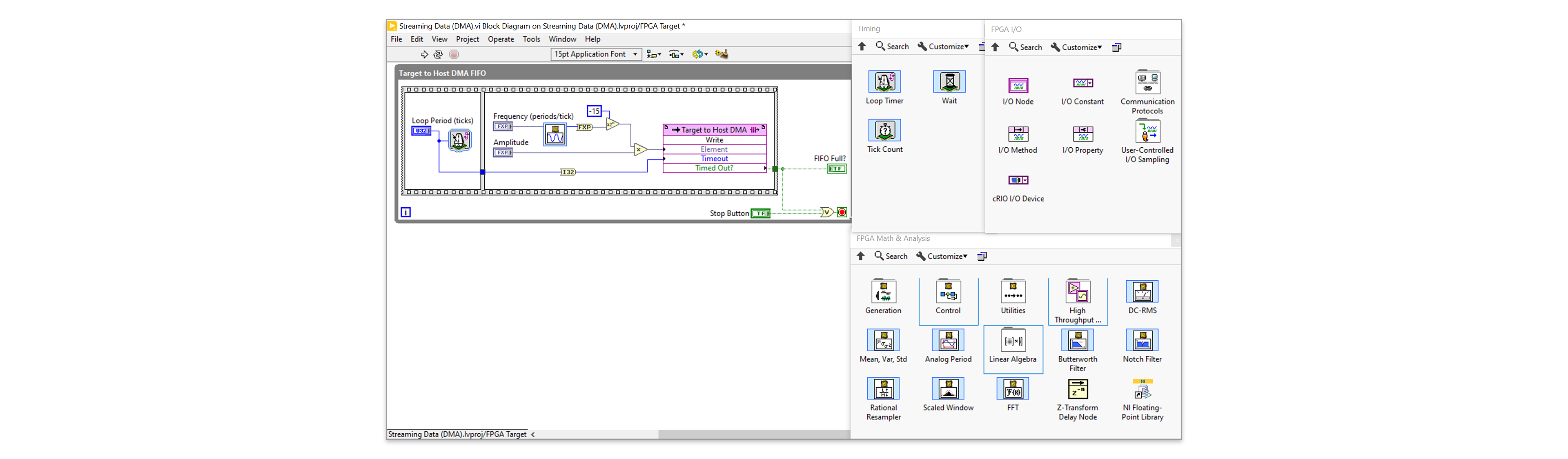 The image displays a few of the available palettes that enable LabVIEW FPGA users to graphically program FPGAs for various applications.