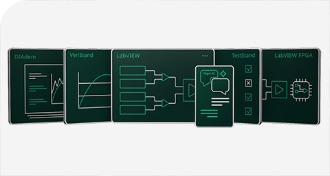 NI LabVIEW Plus Suite for HIL graphic showing DIAdem, VeriStand, LabVIEW, TestStand, and LabVIEW FPGA software diagrams.