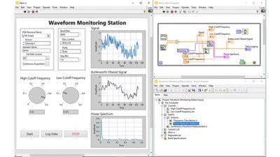 一台螢幕，畫面顯示著 LabVIEW 程式碼和 GUI。