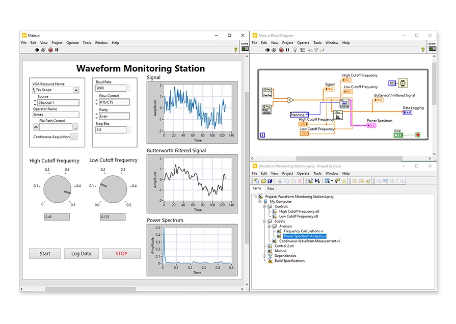 NI LabVIEWのユーザインタフェースとグラフィカルプログラミングが表示されたコンピュータモニタ