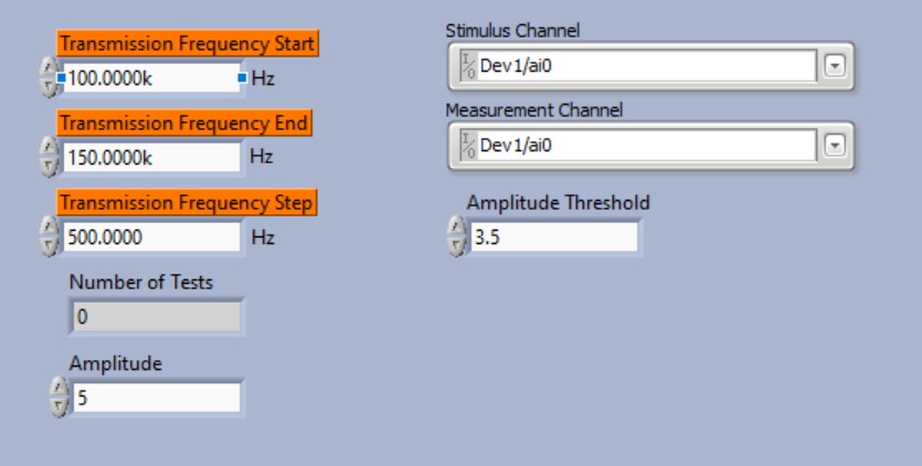 LabVIEW front panel with transmission frequency settings, amplitude controls, and stimulus and measurement channel inputs.