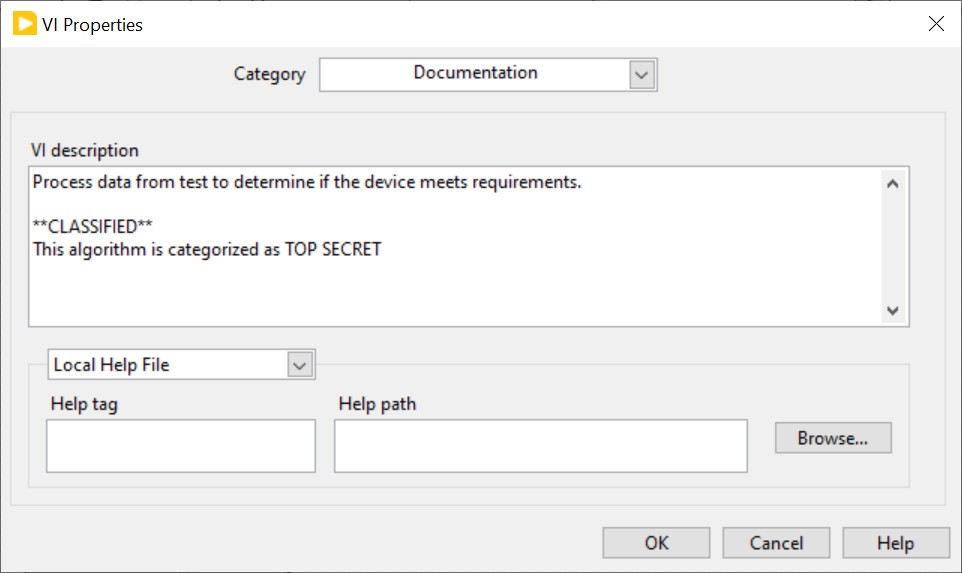 LabVIEW VI Property dialog window showing VI description property 