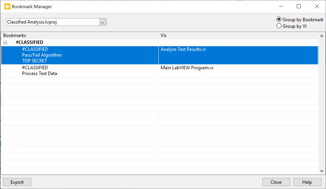 LabVIEW Bookmark Manager listing bookmarks in the code 