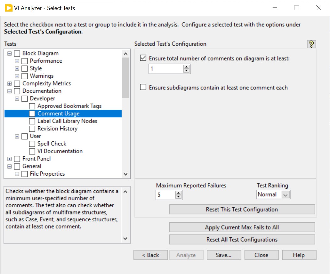 LabVIEW VI Analyzer window showing available options