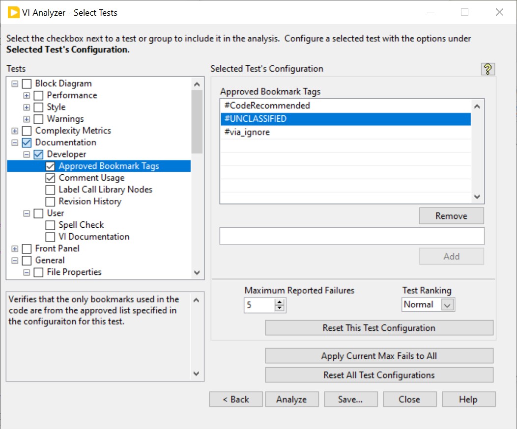 VI Analyzer window with approved bookmark tags 