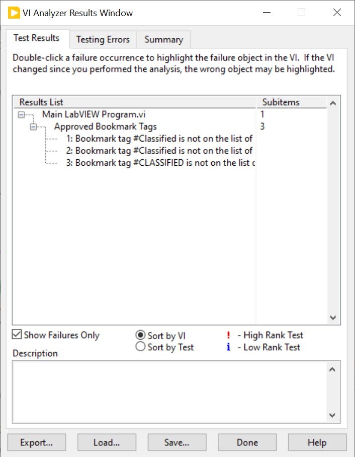 VI Analyzer Results showing scan results 