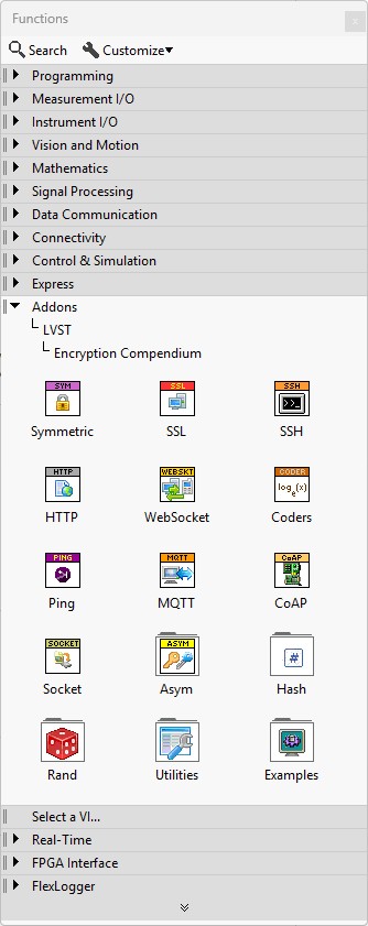 LabVIEW palette showing Encryption Compendium functions