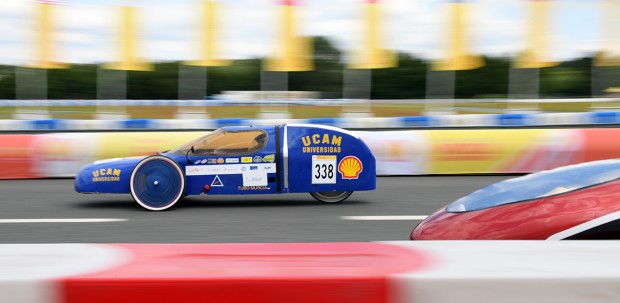 A student driver from the Universidad Catolica San Antonio de Murcia, Spain competes in the Shell Eco-marathon