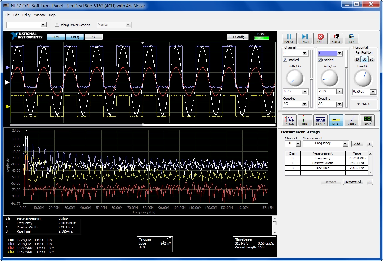 The soft front panel of an NI PXI oscilloscope which mimics the knobs and buttons of traditional instruments in software