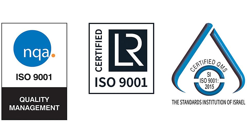 ISO 9001 certification icons including Lloyd's certification logo