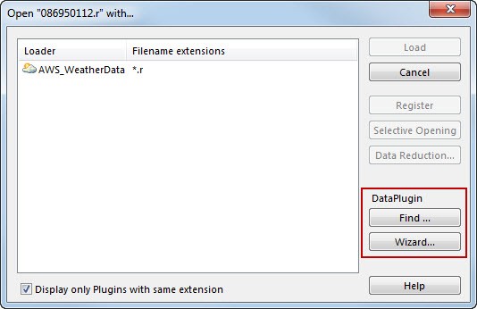 The Open With... dialog box suggests options for finding or creating DataPlugins