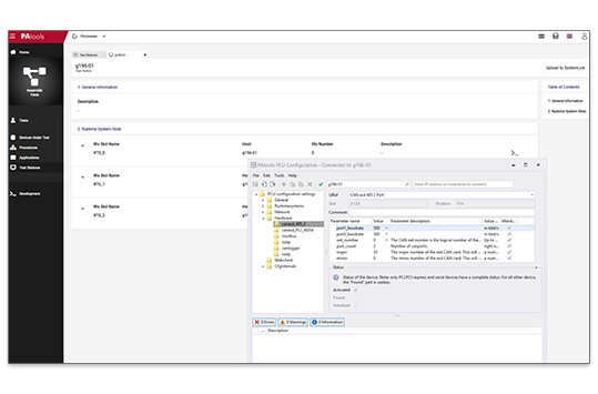 Captura de pantalla de la estación de prueba de configuración del software NI PAtools™ 