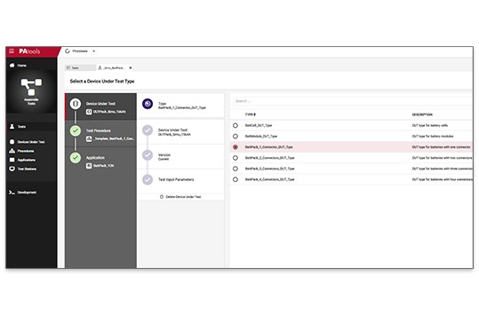 Captura de pantalla de configuración de pruebas de NI PAtools™