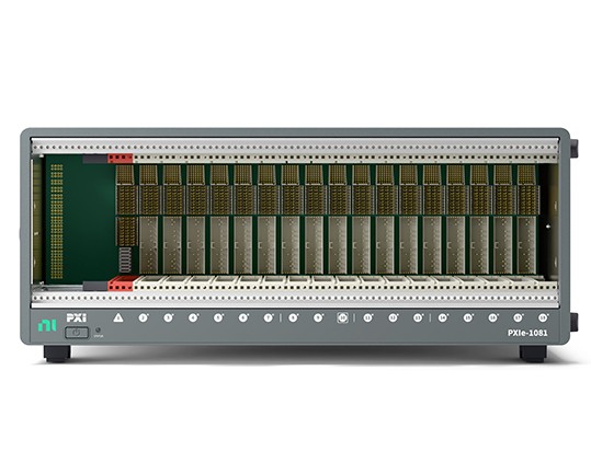 Front view of the NI PXIe-1081 chassis showing 18 hybrid slots designed to provide power, cooling, and low-bandwidth backplane connectivity for PXI and PXIe modules in automated test systems.
