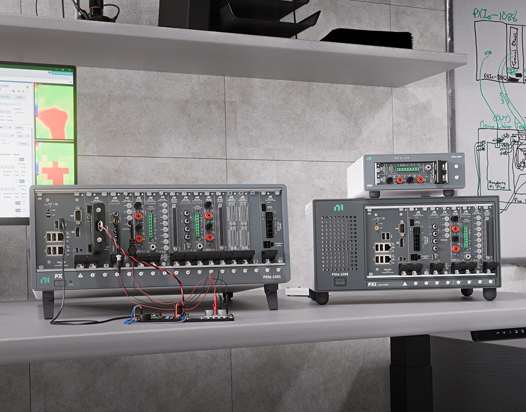 여러 폼 팩터의 NI PXI 시스템은 NI LabVIEW 및 NI InstrumentStudioTM 소프트웨어를 실행하는 워크스테이션에 연결할 수 있으며, 이는 자동 측정 어플리케이션을 위한 확장 가능한 소프트웨어 연결 테스트 설정을 보여줍니다.