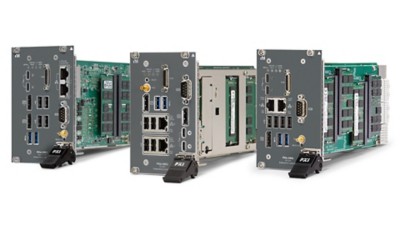  ​​The image shows three PXI Embedded controllers arranged in a row. Each module has various ports and connectors, including USB ports, Ethernet ports, and other specialized connectors. The internal circuitry of the modules is visible from the sides, showing green circuit boards and electronic components.​