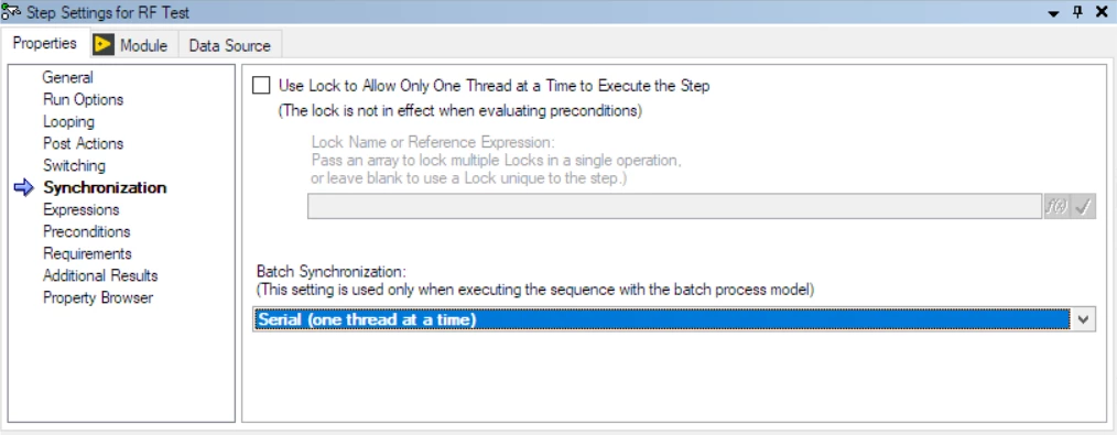 Use the Batch Synchronization to set the RF Test step to only execute one thread at a time